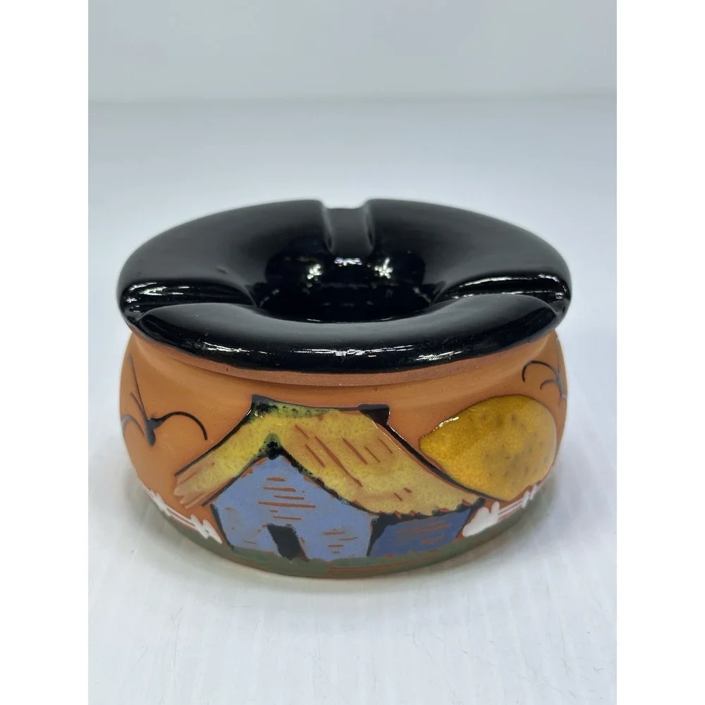 Vintage Terracotta Round 2 Part Ashtray Hand Painted Removable Top